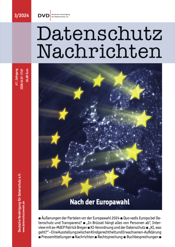 Titelbild der DANA-Ausgabe 3/2024, Schwerpunktthema "Nach der Europawahl", zu sehen ist eine in der Nacht vom Weltall aus aufgenommene Ansicht Europa vor der 12 dynamisch gelb strahlende Sterne in einer Ellipse angeordnet sind